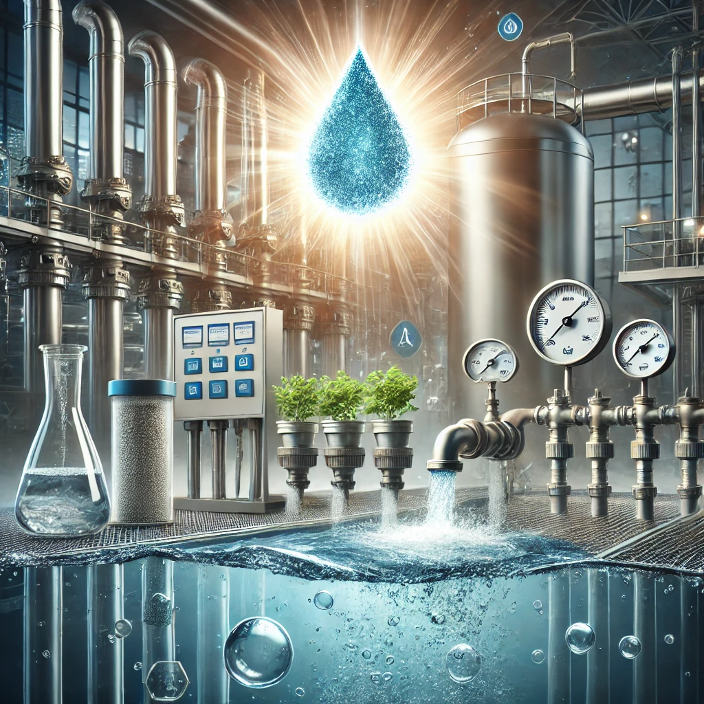 Crystal-clear water flowing through industrial pipes connected to modern filtration systems, with elements of chemical additives and sustainability symbols in the background, representing advanced water treatment technologies.